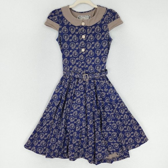 Effie's Heart Dresses & Skirts - Effies Heart Dress Women Extra Small Blue Brown Bicycle Bike Flare A Line Belted